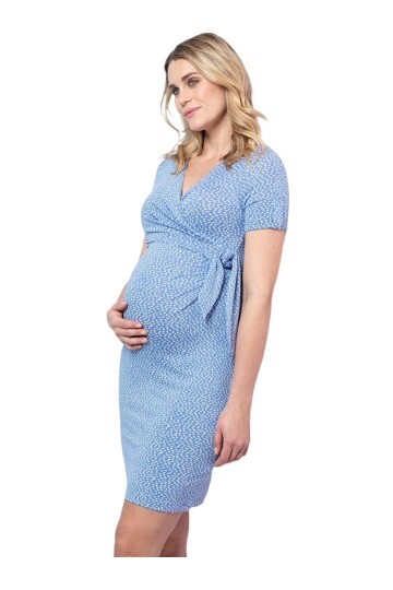 Kadın Puantiyeli Buz Mavisi Göğüs Altından Yandan Bağlamalı Spor Şık Viskon Hamile Elbisesi
