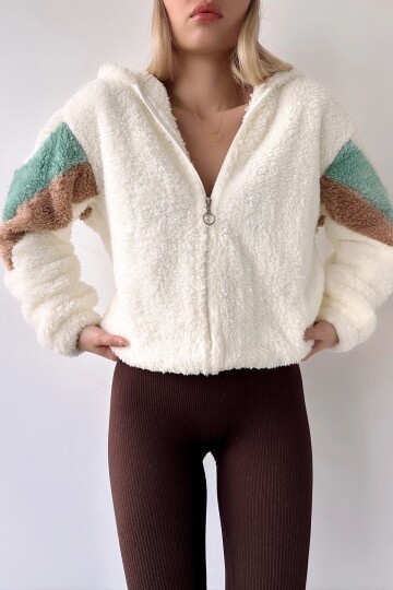 Kadın Renkli Garnili Kol Detay PeluşcFermuarlı Rahat Kalıp  Spor Şık Örme Kapüşonlu Ceket