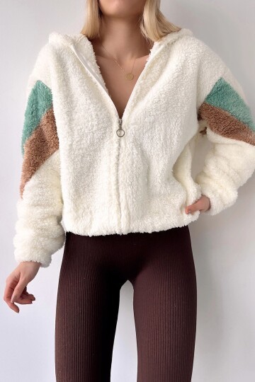 Kadın Renkli Garnili Kol Detay PeluşcFermuarlı Rahat Kalıp  Spor Şık Örme Kapüşonlu Ceket