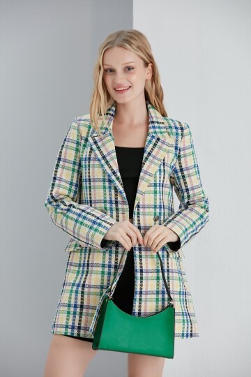 Kadın Şanel Kumaş Spor Şık Beyaz Çok Renkli Çizgili Blazer Ceket