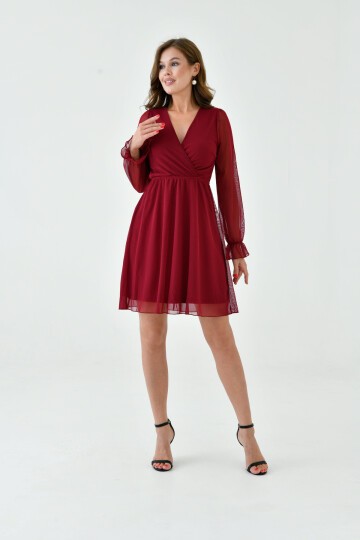 Kadın Şifon Kruvaze Curve Volanlı Esnek Tül Uzun Kol Şık Büyük Beden Elbise