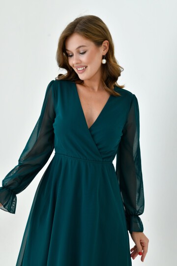 Kadın Şifon Kruvaze Curve Volanlı Esnek Tül Uzun Kol Şık Büyük Beden Elbise