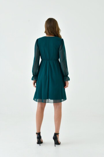 Kadın Şifon Kruvaze Curve Volanlı Esnek Tül Uzun Kol Şık Büyük Beden Elbise