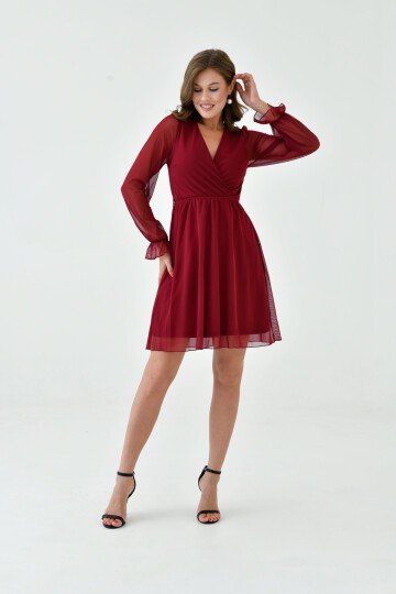 Kadın Şifon Kruvaze Curve Volanlı Esnek Tül Uzun Kol Şık Büyük Beden Elbise