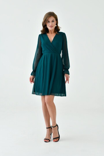 Kadın Şifon Kruvaze Curve Volanlı Esnek Tül Uzun Kol Şık Büyük Beden Elbise