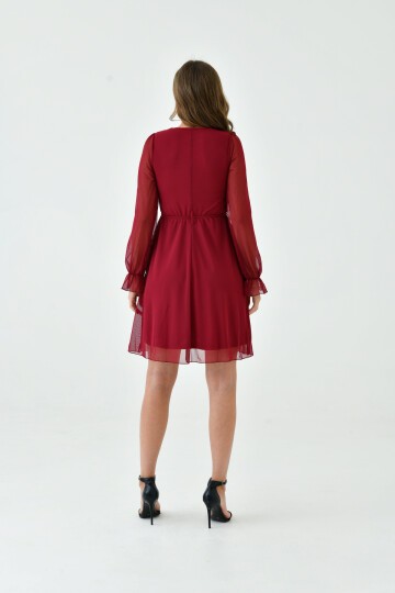 Kadın Şifon Kruvaze Curve Volanlı Esnek Tül Uzun Kol Şık Büyük Beden Elbise