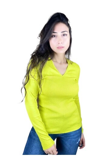 Kadın Şık Neon Sarı V Yaka Triko Bluz