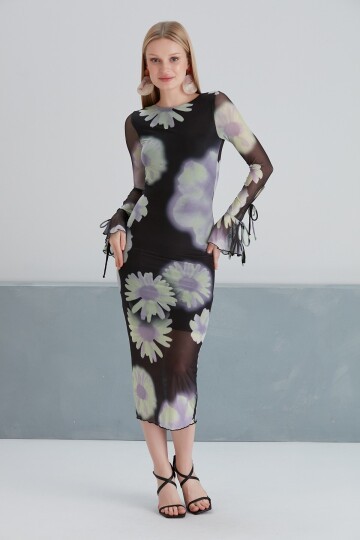 Kadın Sırt Dekolteli Uzun Boy Çiçekli Tül Spor Şık Siyah Kol Detaylı Elbise