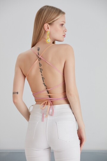 Kadın Sırtı Açık Bağlamalı Tül Degaje Yaka Spor Şık Tasarım Gökkuşağı Croptop Büstiyer