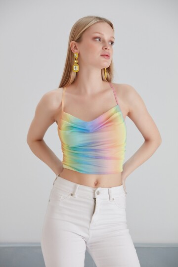 Kadın Sırtı Açık Bağlamalı Tül Degaje Yaka Spor Şık Tasarım Gökkuşağı Croptop Büstiyer