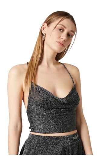 Kadın Sırtı Açık Bağlamalı Tül Degaje Yaka Spor Şık Tasarım Simli Croptop Büstiyer