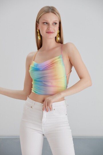Kadın Sırtı Açık Bağlamalı Tül Degaje Yaka Spor Şık Tasarım Gökkuşağı Croptop Büstiyer