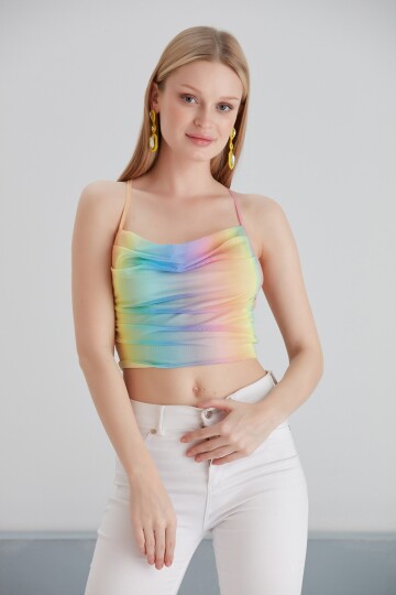 Kadın Sırtı Açık Bağlamalı Tül Degaje Yaka Spor Şık Tasarım Gökkuşağı Croptop Büstiyer