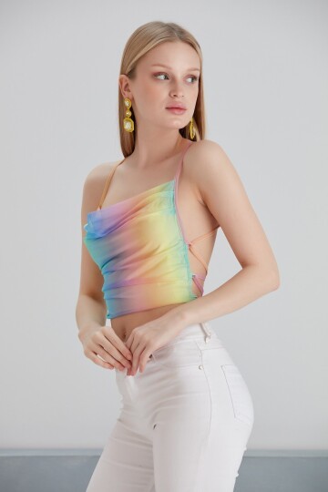 Kadın Sırtı Açık Bağlamalı Tül Degaje Yaka Spor Şık Tasarım Gökkuşağı Croptop Büstiyer