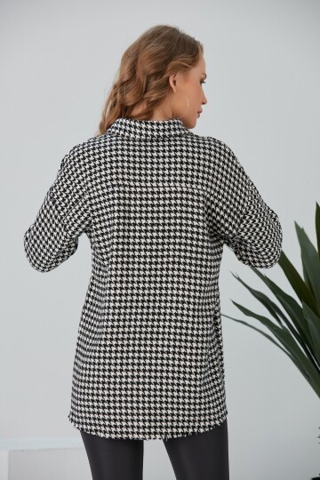 Kadın Siyah Beyaz Küçük Kazayağı Oduncu Oversize Tunik Boy Etek Ucu Püsküllü Ceket Gömlek