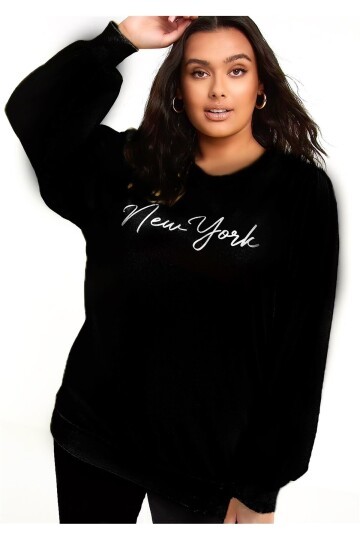 Kadın Siyah New York Yazılı Büyük Beden Sweatshirt