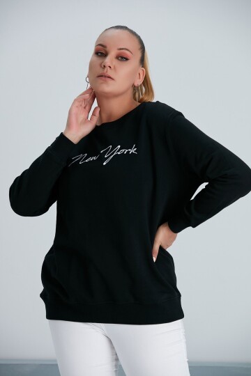 Kadın Siyah New York Yazılı Büyük Beden Sweatshirt