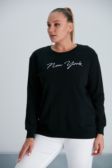 Kadın Siyah New York Yazılı Büyük Beden Sweatshirt