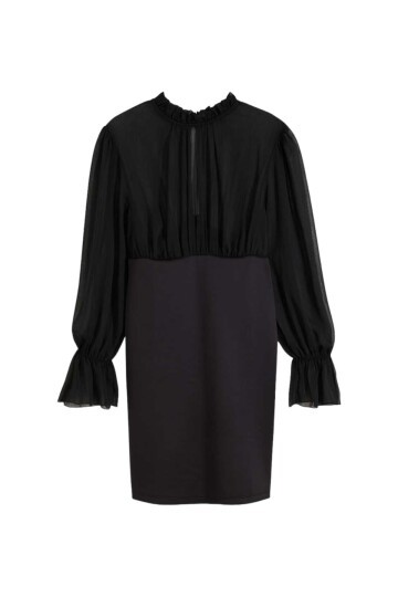 Kadın Siyah Tül Yaka Uzun Kol Mini Curve Rahat Kalıp Abiye Gece Elbisesi