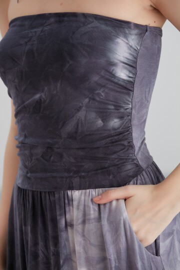 Kadın Straplez Kolsuz İki Yandan Cepli Batik Desenli Belden Lastikli Maxi Boy Spor Şık Viskon Elbise