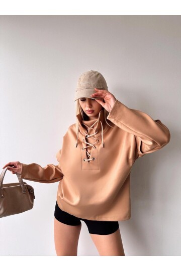 Kadın Tasarım Bağcıklı Yaka Super Şık Trend Scuba Sweatshirt