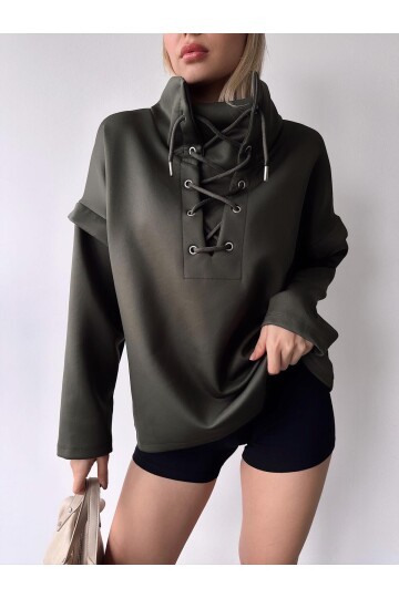 Kadın Tasarım Bağcıklı Yaka Super Şık Trend Scuba Sweatshirt