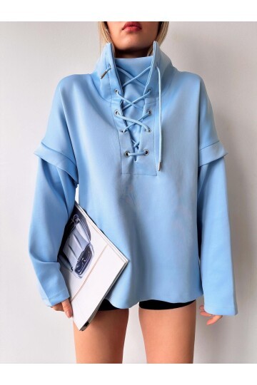 Kadın Tasarım Bağcıklı Yaka Super Şık Trend Scuba Sweatshirt