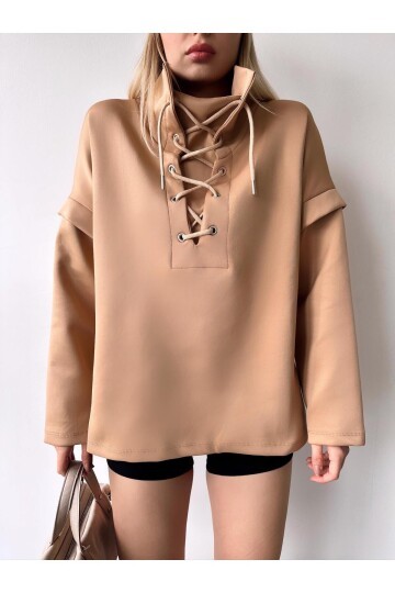 Kadın Tasarım Bağcıklı Yaka Super Şık Trend Scuba Sweatshirt