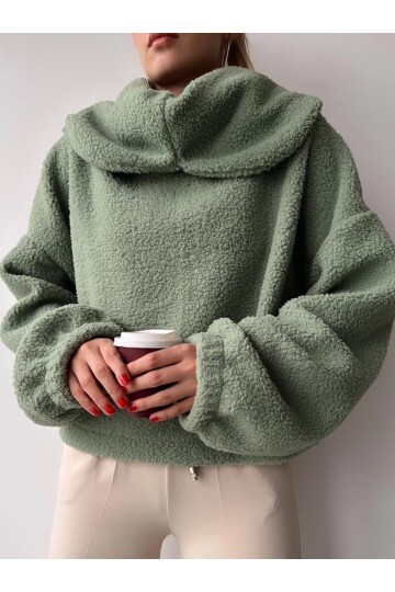 Kadın Tasarım Peluş Dökme Yaka Spor Şık Rahat Crop Sweat Curve Kazak