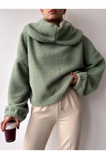 Kadın Tasarım Peluş Dökme Yaka Spor Şık Rahat Crop Sweat Curve Kazak