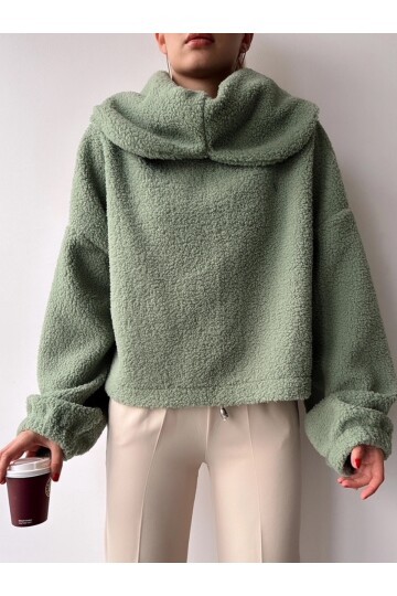 Kadın Tasarım Peluş Dökme Yaka Spor Şık Rahat Crop Sweat Curve Kazak