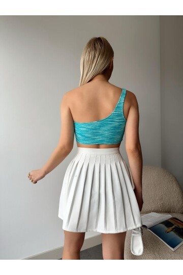 Kadın Tek Omuz Önden Bağlamalı Tasarım Spor Şık Mavi Crop Top