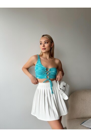 Kadın Tek Omuz Önden Bağlamalı Tasarım Spor Şık Mavi Crop Top