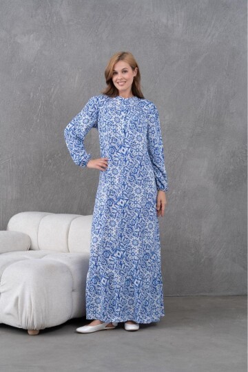 Kadın Tesettüre Uygun Desenli Uzun Kol Beli Bağcıklı Maxi Boy Rahat Büyük Beden Şık Pamuk Elbise