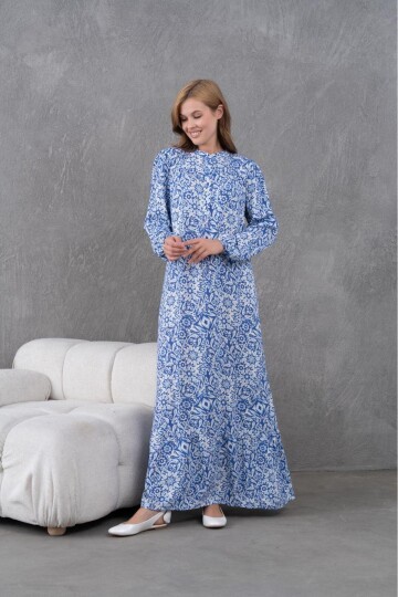 Kadın Tesettüre Uygun Desenli Uzun Kol Beli Bağcıklı Maxi Boy Rahat Büyük Beden Şık Pamuk Elbise