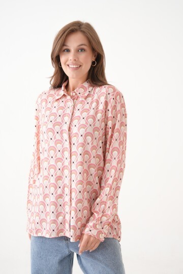 Kadın Tesettüre Uygun Desenli Uzun Kol Pamuk Şık Büyük Beden Desenli Curve Rahat Gömlek