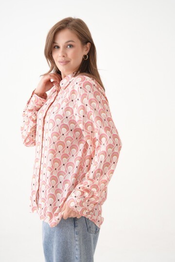 Kadın Tesettüre Uygun Desenli Uzun Kol Pamuk Şık Büyük Beden Desenli Curve Rahat Gömlek