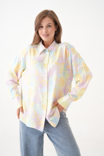 Kadın Tesettüre Uygun Desenli Uzun Kol Pamuk Şık Büyük Beden Desenli Curve Rahat Gömlek