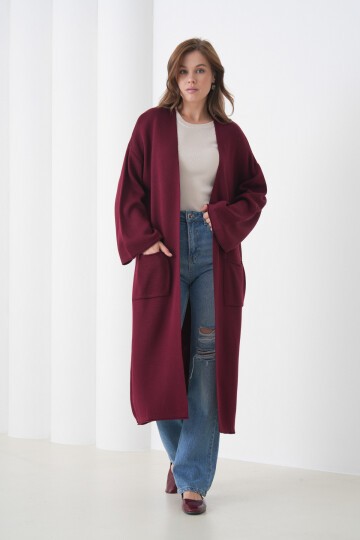 Kadın Tesettüre Uygun Maxi Boy Uzun Kol Cepli Spor Şık Triko Ceket