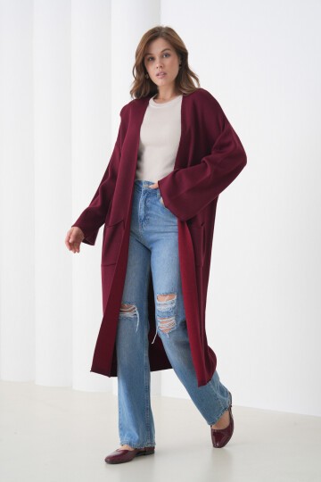 Kadın Tesettüre Uygun Maxi Boy Uzun Kol Cepli Spor Şık Triko Ceket