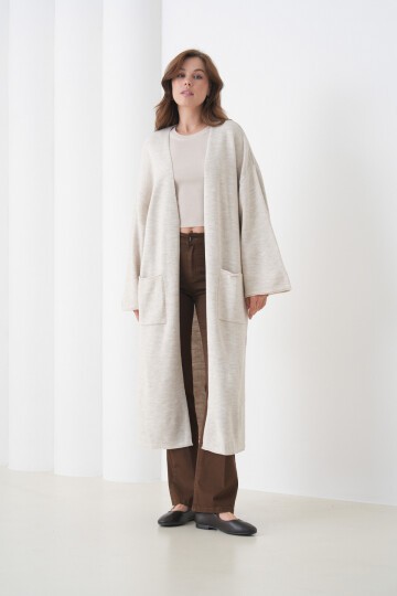 Kadın Tesettüre Uygun Maxi Boy Uzun Kol Cepli Spor Şık Triko Ceket