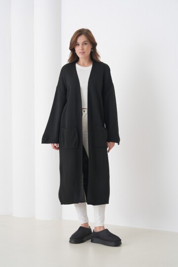 Kadın Tesettüre Uygun Maxi Boy Uzun Kol Cepli Spor Şık Triko Ceket