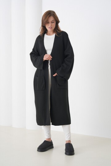 Kadın Tesettüre Uygun Maxi Boy Uzun Kol Cepli Spor Şık Triko Ceket