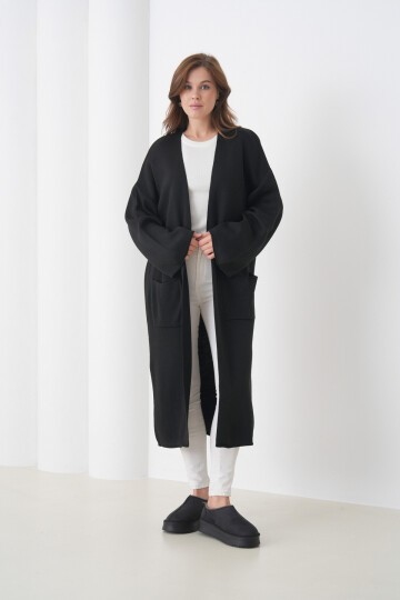 Kadın Tesettüre Uygun Maxi Boy Uzun Kol Cepli Spor Şık Triko Ceket