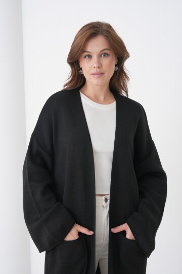 Kadın Tesettüre Uygun Maxi Boy Uzun Kol Cepli Spor Şık Triko Ceket