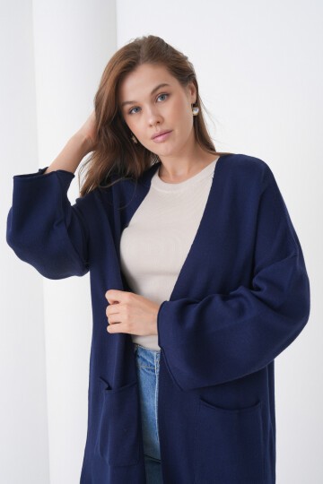 Kadın Tesettüre Uygun Maxi Boy Uzun Kol Cepli Spor Şık Triko Ceket