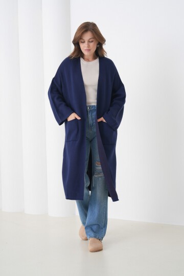 Kadın Tesettüre Uygun Maxi Boy Uzun Kol Cepli Spor Şık Triko Ceket