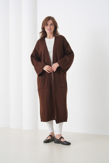 Kadın Tesettüre Uygun Maxi Boy Uzun Kol Cepli Spor Şık Triko Ceket