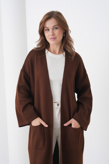 Kadın Tesettüre Uygun Maxi Boy Uzun Kol Cepli Spor Şık Triko Ceket