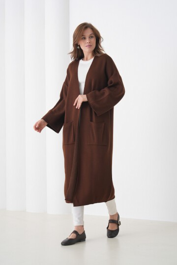 Kadın Tesettüre Uygun Maxi Boy Uzun Kol Cepli Spor Şık Triko Ceket